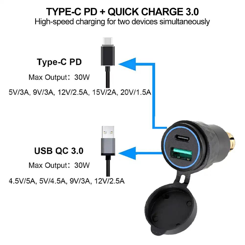 Aluminium USB QC 3.0 Quick Charger PD Dual Adapter Charger Waterproof Socket Motorcycles for DIN Socket/BMW