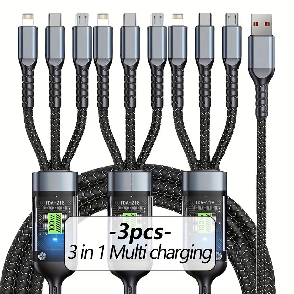 3pcs Multi Charging Cable 3in 1 Multi USB Charger Fast Charging Cable Nylon Braided Multiple Charger Adapter Cord with Type C Micro USB Port