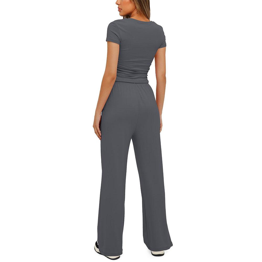 Ladies' Slim Fit Solid Color Casual Short Sleeved Top, High Waist Wide Leg Pants Sports Suit