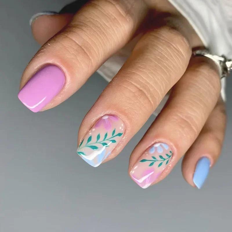 24Pcs Simple Square False Nails Short French Fake Nails Press On Colorful Flowers Design Full Cover Nail Tips Manicure Tools