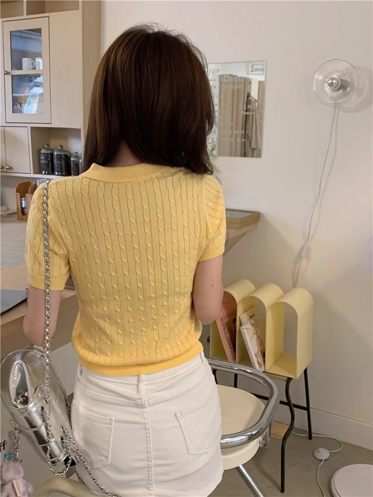 2025 Sommer Koreanischer Stil Polokragen Eisseide Gestrickte Kurzarm Damenbluse