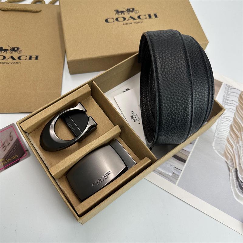 Men's Classic Double Buckle Leather Belt with C Buckle and Fabric Texture - Business Casual Trousers Accessory