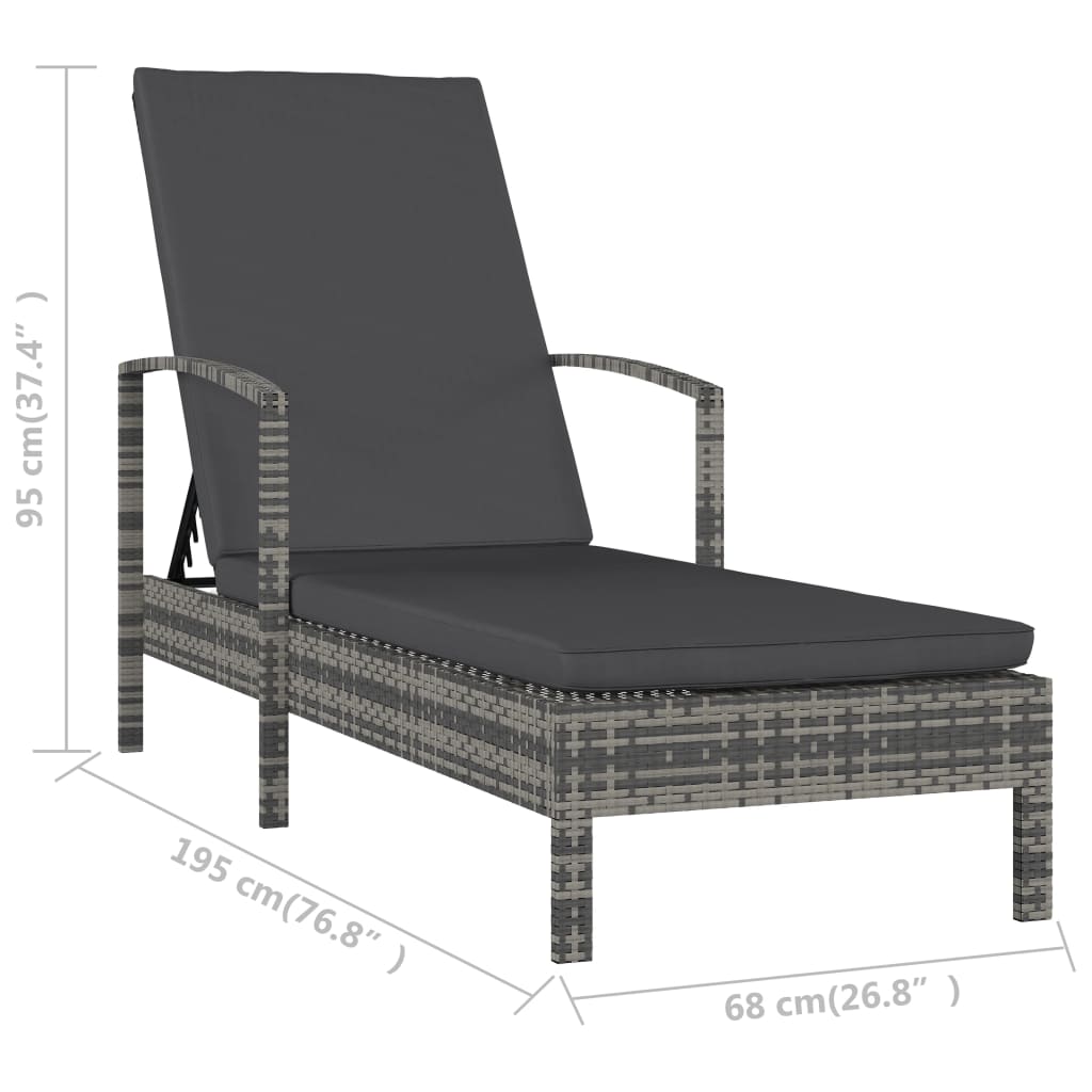 Sun Lounger with Armrests Grey Poly Rattan
