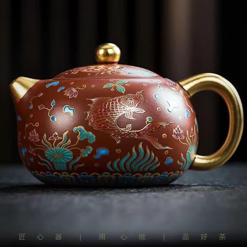 Purple sand Xishi pot, one pot and two cups, master handmade household tea set, Zhu Ni Dahongpao gilt high-end gift box set