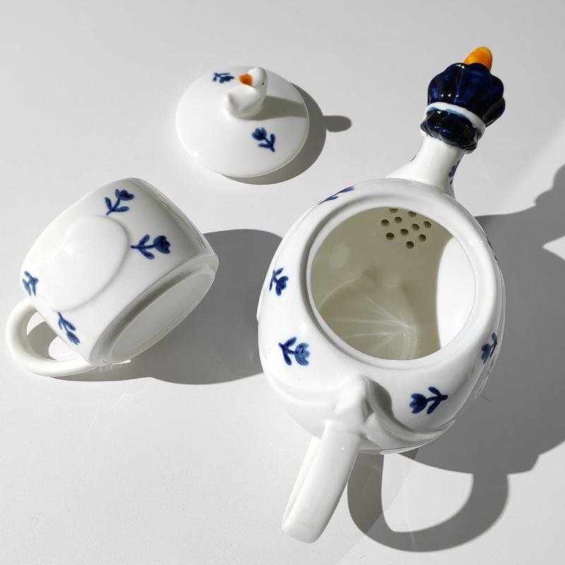 Set de ceai din ceramică de rață Kawaii - ceai pentru două ceainice și 2 căni de ceai Ceai de după-amiază ceainic cu orificiu de scurgere, la cuptorul cu microunde