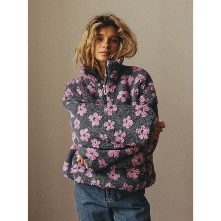 Winter Autumn Women Fleece Sweatshirt Floral Fuzzy Pullover Top Fashion Warm