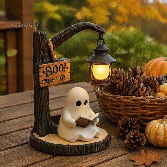 Gemütliche Halloween-Atmosphäre Licht Hängender Geist Nacht Harzfigurine, Vintage Bauernhaus Leuchtende Tischdekoration, Atmosphärische Innenraum-Feiertagsdekoration Warm