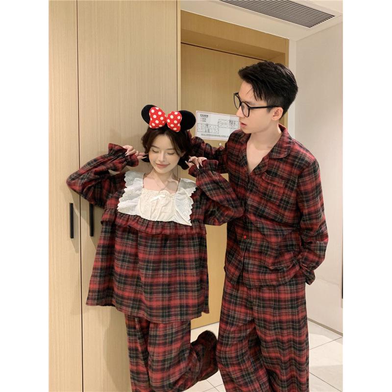 Korean Style Plaid Lace Couple Homewear Set - Autumn/Winter