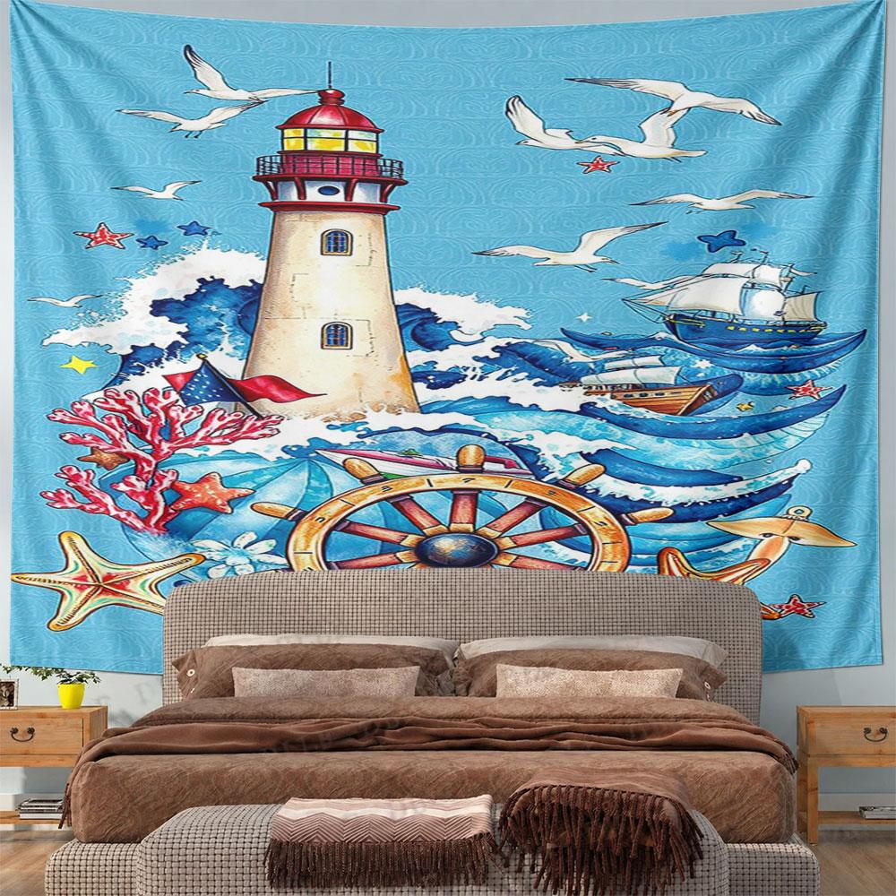 Lighthouse and Ocean Nautical Theme Design Pattern Wall Hanging Tapestry Decorative Tapestry Home Decor for Bedroom and Living Room