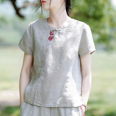 Dames 2024 Retro Los Katoen-Linnen Chinese Stijl Korte Mouw T-shirt