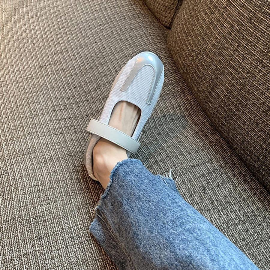 Leather Korean version niche silver Mary Jane ballet shoes flat Velcro casual sneakers white shoes women's shoes