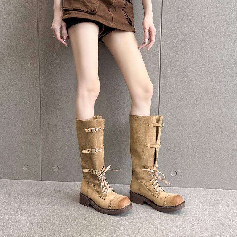 

New Retro Shoes for Women: Versatile Chunk-heeled Mid-calf Boots with Straps and Round-toed Ankle Boots 40 хакі