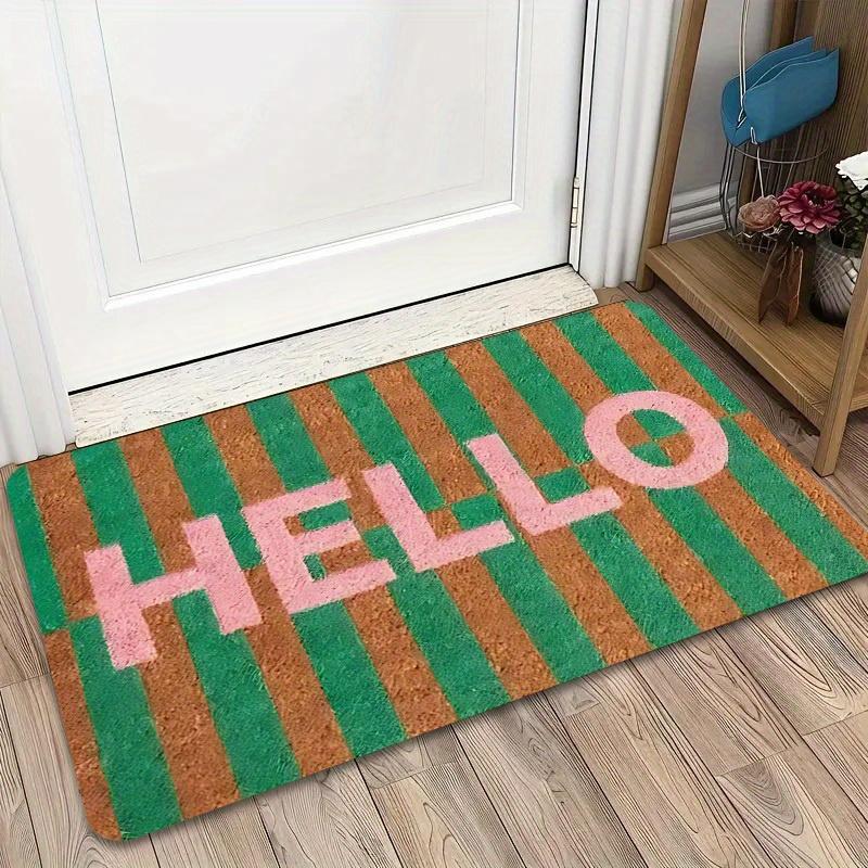 Peach Pink Hello Forest Outdoor Mat - Thick Plush Flannel Doormat, Minimalist Welcome Design, Nature-Themed Entrance Rug