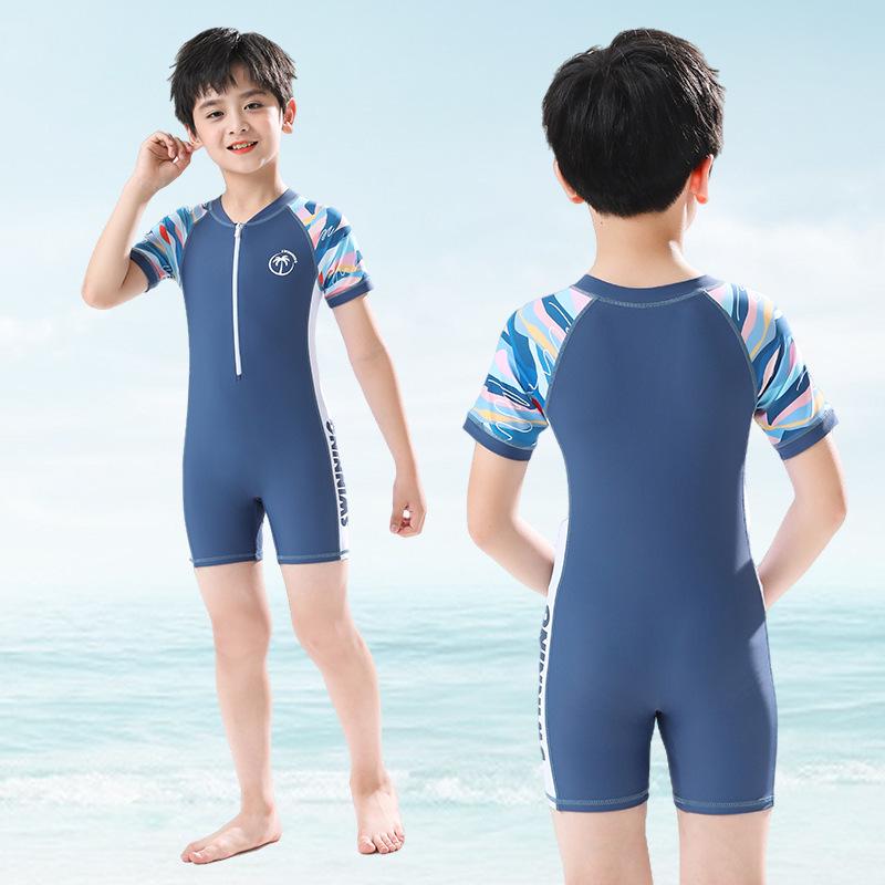 Boys' Quick-Dry One-Piece Swimwear - Short-Sleeved Sun Protection Sports Suit for Beach and Hot Springs