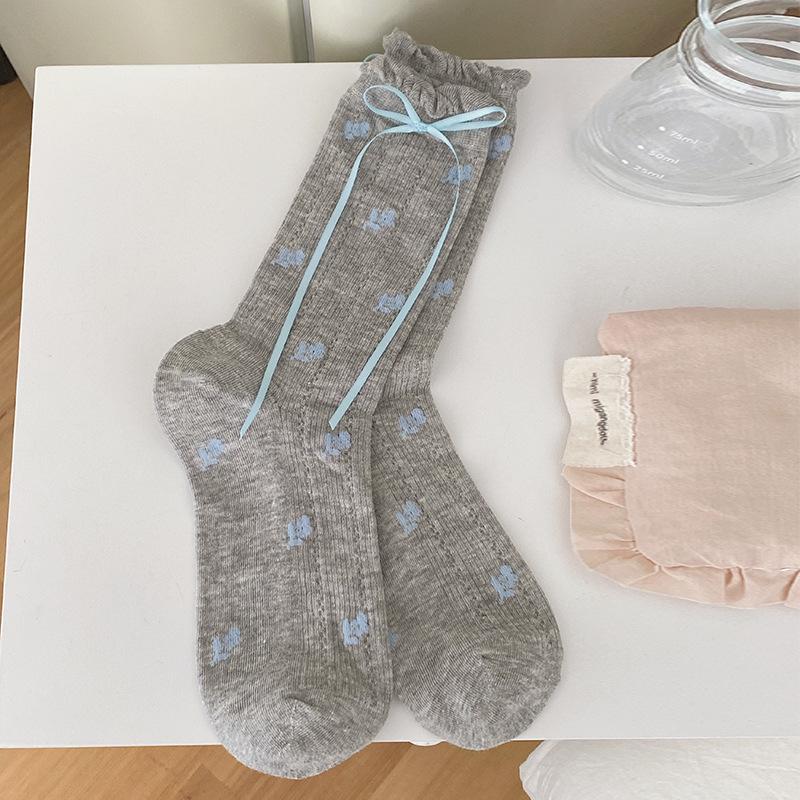 Chaussettes d'été fines pour femmes, vintage, avec nœud en ruban, petites fleurs, douces, en dentelle, en maille, tube, chaussettes montantes