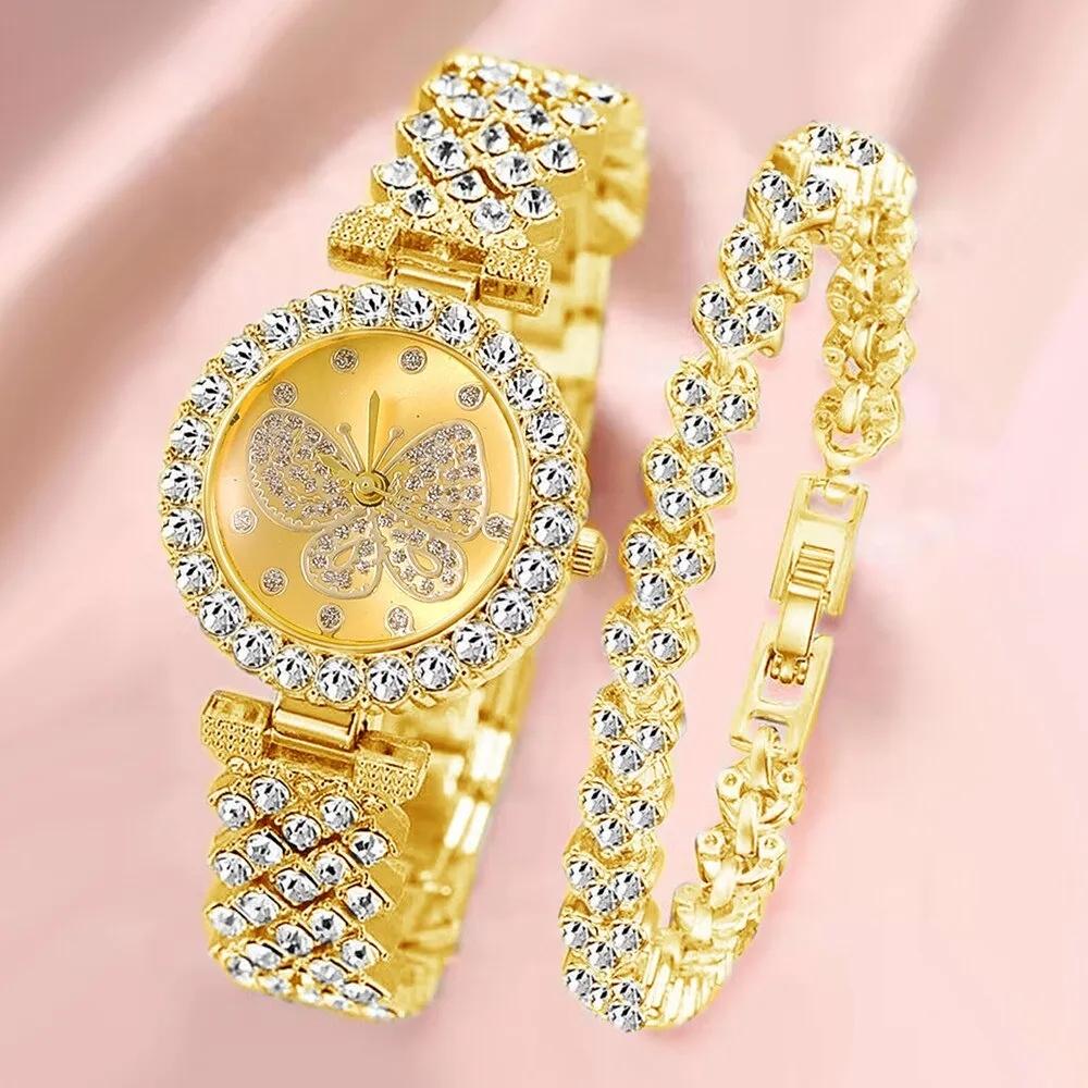 Fashion Faux Three-eye Watch with Inlaid Diamond Steel Strap for Women; Quartz Jewelry Watch Set Without Gift Box, Suitable for