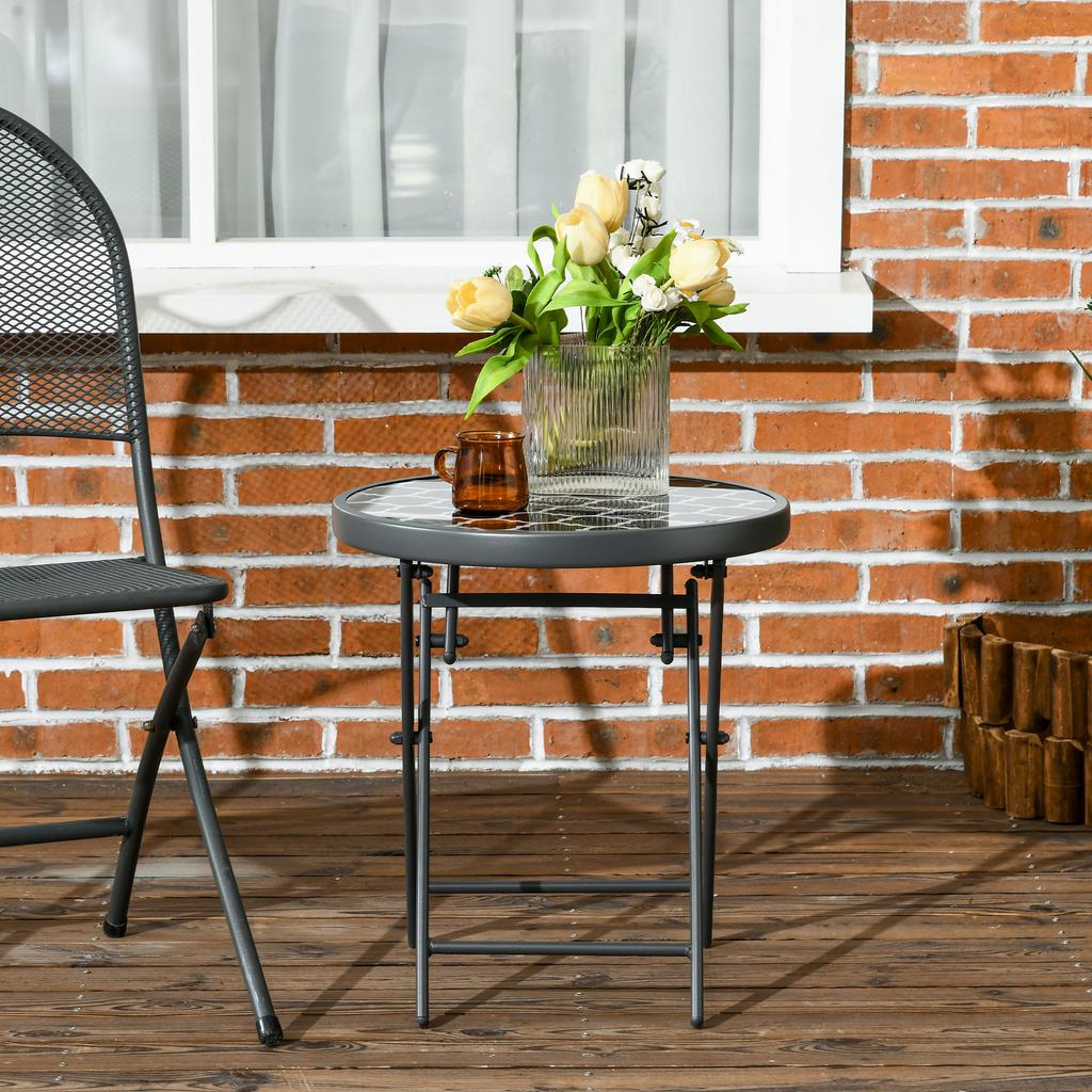 Folding Coffee Table, Tempered Glass Top, Metal Pattern, 45 x 50 cm, Black