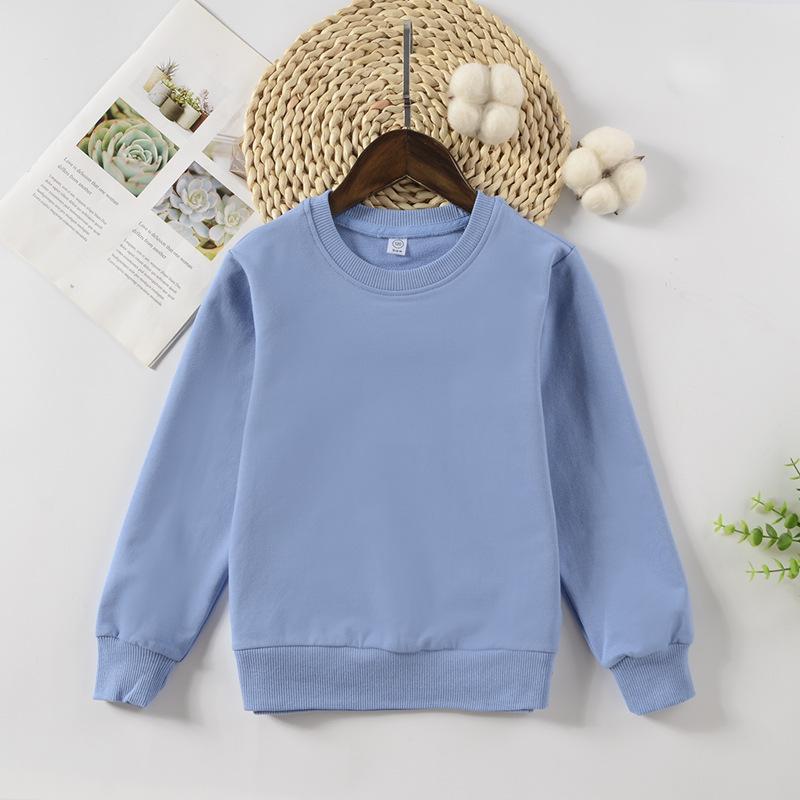 260G Kids Terry Cotton Round Neck Drop Shoulder Sweatshirt - Solid Color, Long Sleeve Pullover.