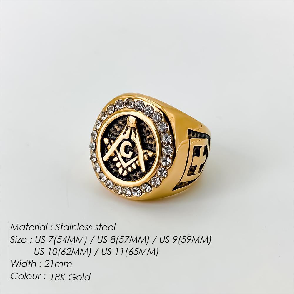 Bague Anneau Signet Maçonnique Franc-Maçon Vintage St-Delan pour Homme Couleur Dorée Acier Inoxydable Cristal Iced Out Biker Zircon Masculin 10