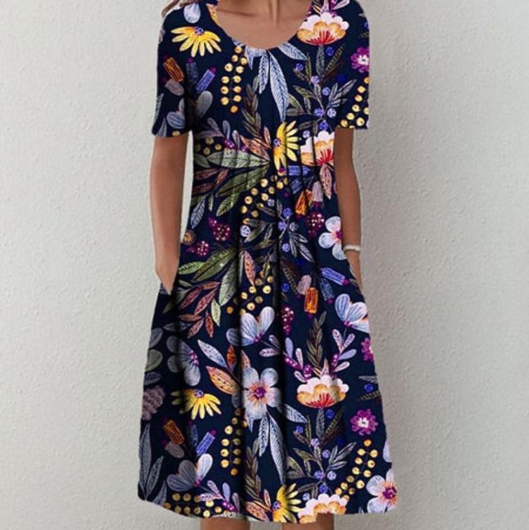 Floral Print Midi Dress with Pockets for Spring Summer