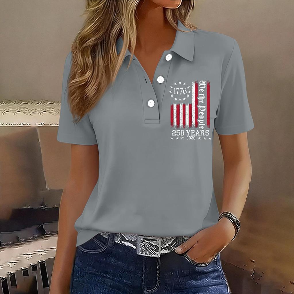 Damen Casual Knopf Kurzarm Poloshirt 250. Jubiläum Aufdruck Oberteil Unabhängigkeitstag Stil Leichtes Weiches Gewebe