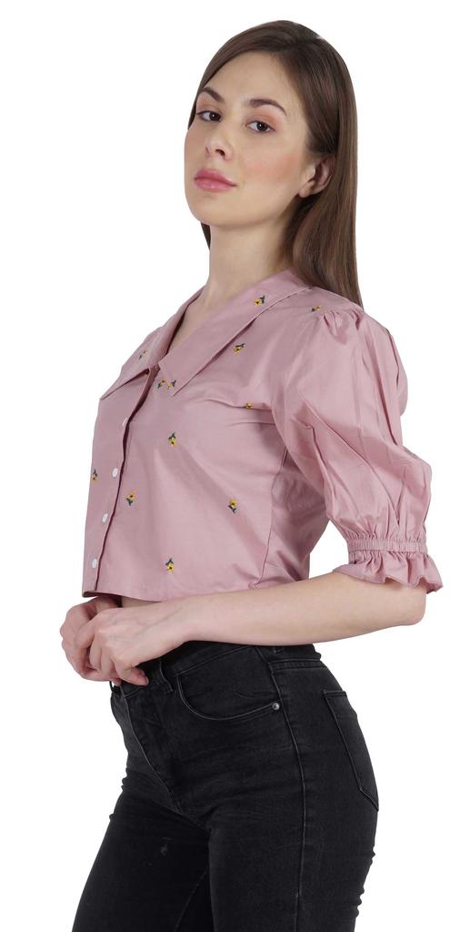 Moomaya Puff Sleeve Crop Top For Women Solid Button Down Collar Designer