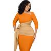 Large Size Women Fashion Patchwork Mid Sleeves Business Dress Ladies Elegant One Piece Skew Collar Sheath Dress