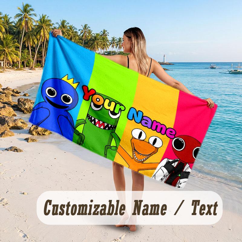Personalized Beach Towel,Rainbow Friends Custom Printed Name Text, Super Absorbent Towel For Beach Vacation