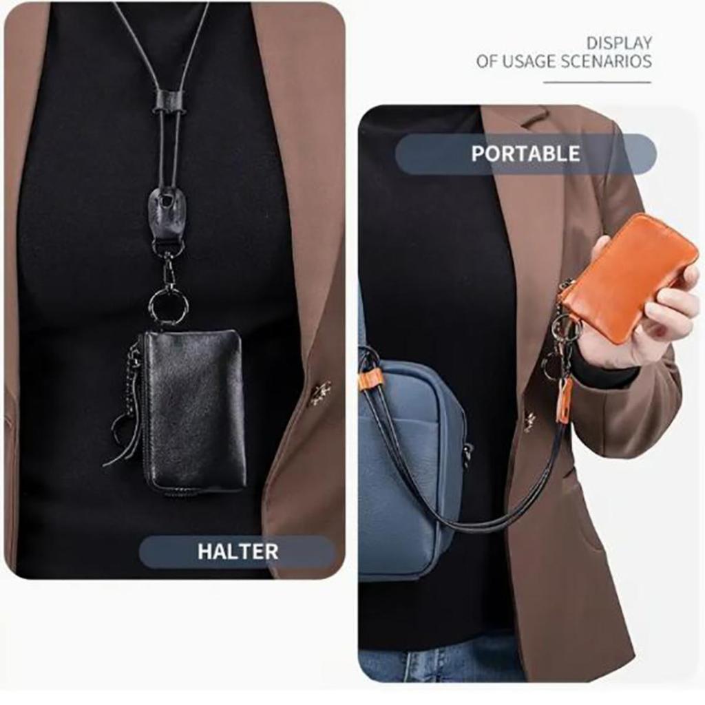 Cowhide Hanging Neck Coin Purses Vintage Coin Holders with Keychain Soft Leather Mini Change Purse  Wallet Women Men