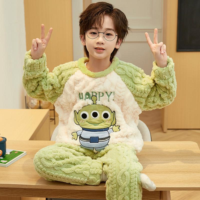 Kids Flannel Pajamas Set Boys Girls Warm Long Sleeve Top And Pants Sleepwear Winter Home Nightwear