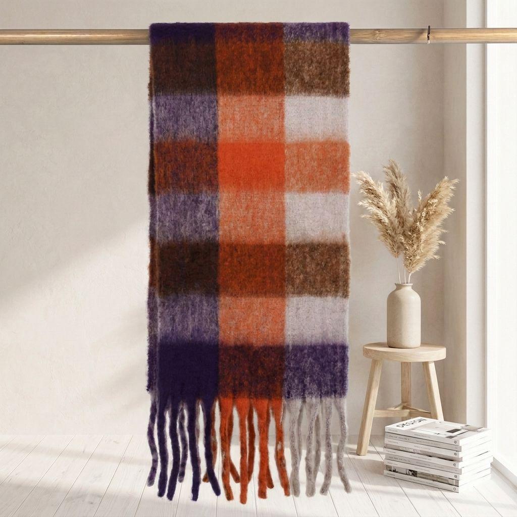Women's High-Grade Colorful Plaid Mohair Scarf - Thick, Warm, and Versatile for Winter