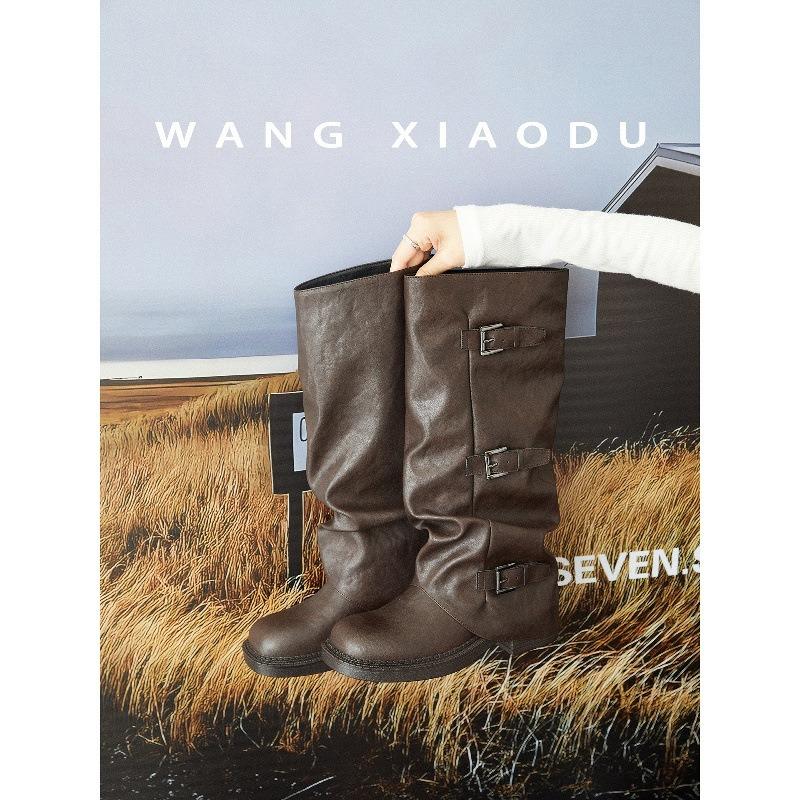 Cowhide version~ Wang Xiaodu genuine leather heightened 4.5cm stacked Martin knight boots women's medium tube western trouser tube boots