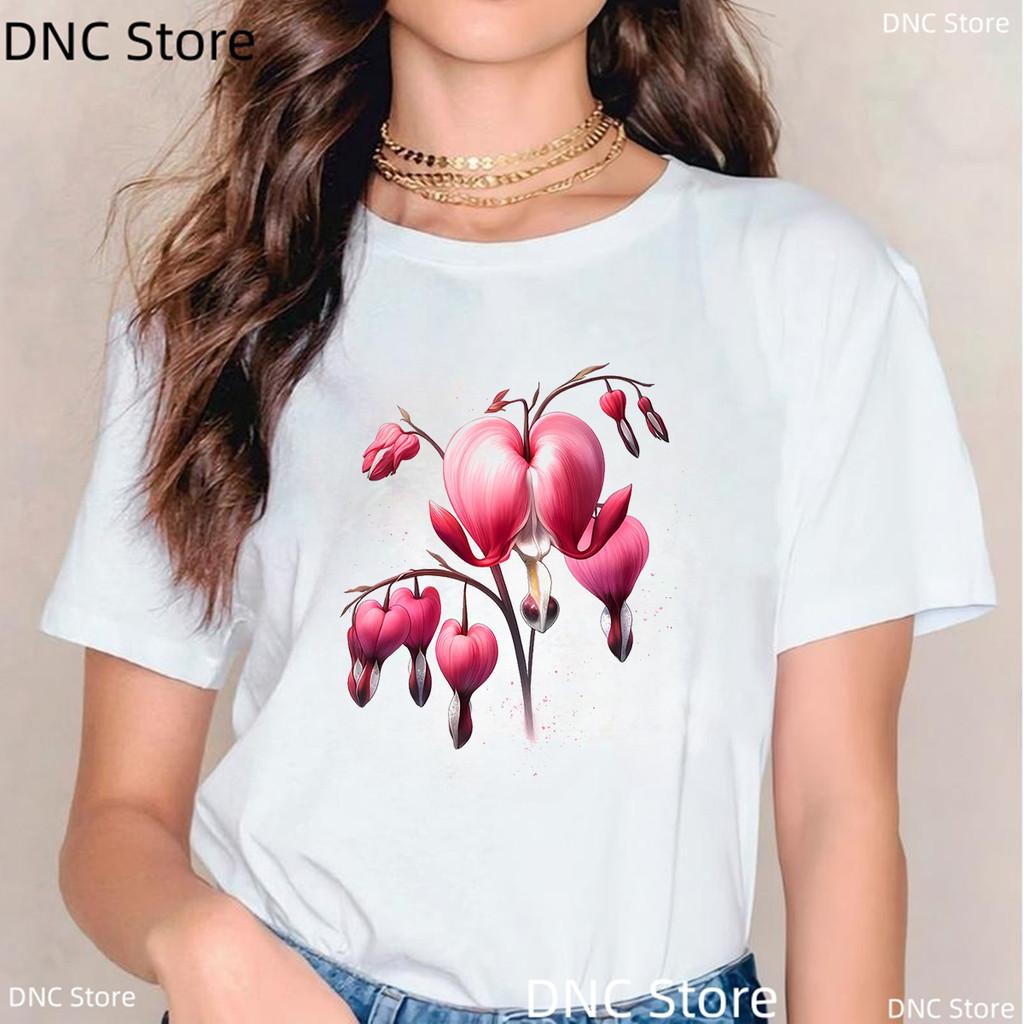 Watercolor Tulip, Lotus Lily Graphic Print T Shirt Women Casual Style Female T-Shirt Summer Fashion 00s Girls Tshirt White Tops