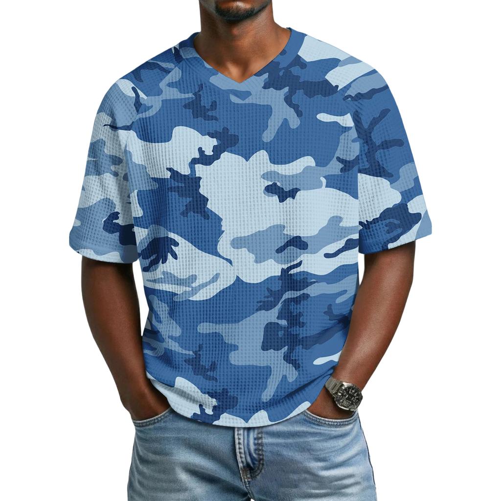 Men's Casual Sporty Camouflage Pattern Printed Shirt - Men's Breathable V-neck Short-sleeved Shirt
