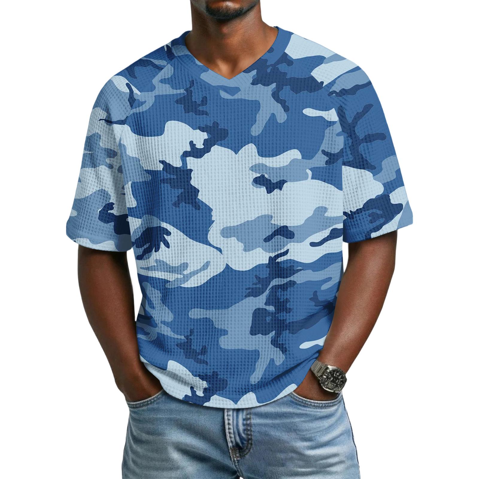 

Men s casual sporty camouflage pattern printed shirt - Men s breathable V-neck short-sleeved shirt L синий