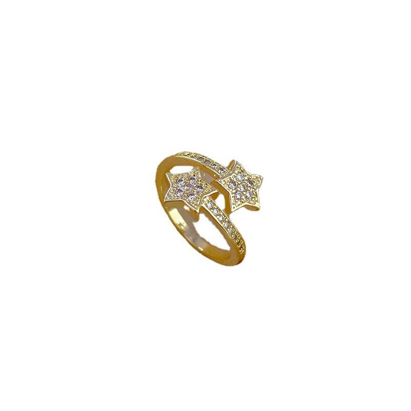 Real Gold Electroplated Opening Pentagram Fashion Slightly Inlaid Light Luxury Ring Index Finger Ring With The Same Cold Wind