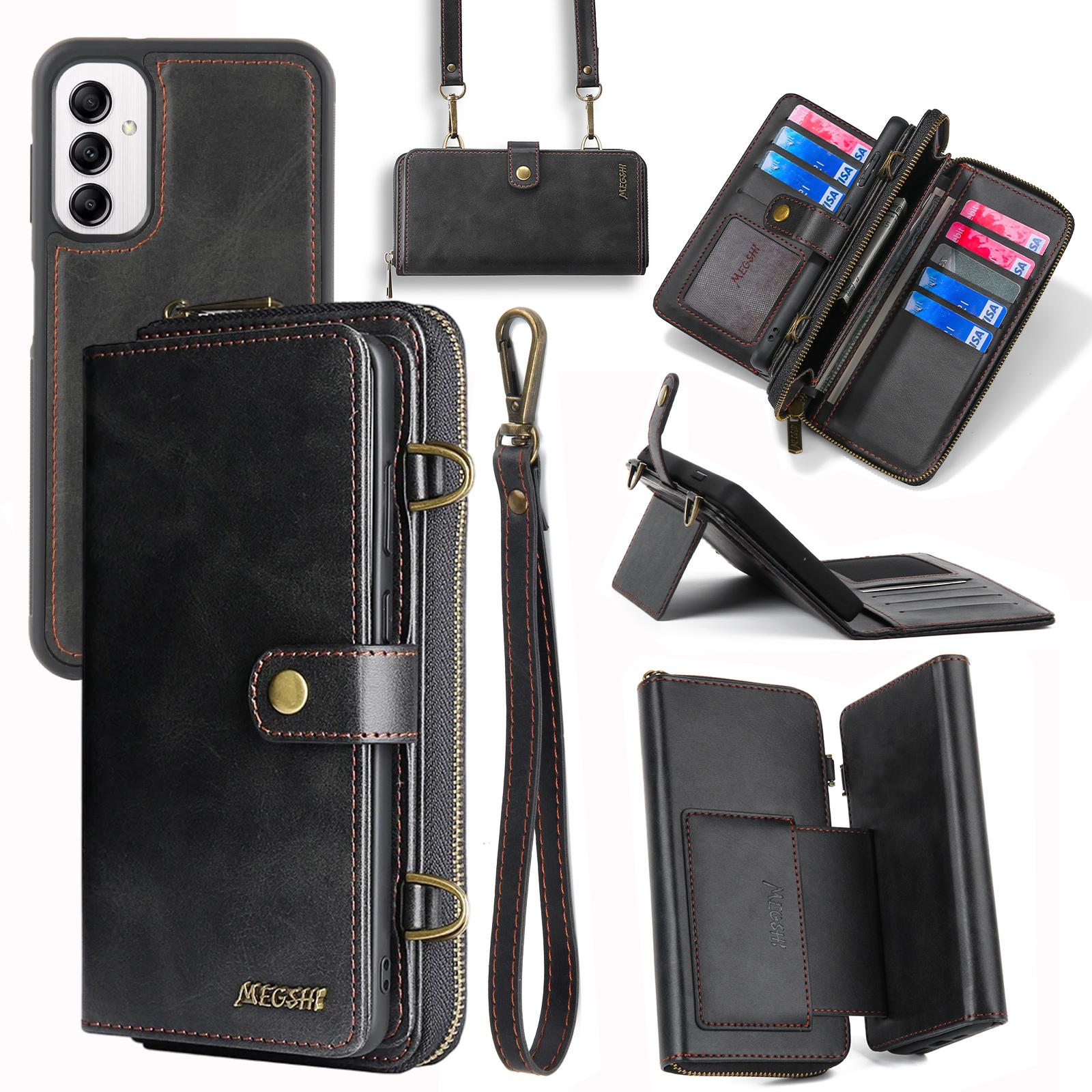 

MEGSHI 020 Series for Samsung Galaxy A14 4G/5G Leather Phone Case Detachable 2-in-1 Wallet Stand Cover Black