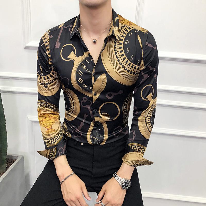 Vår Lyx Guldtryck Casual Skjorta Herr Mode Fest Långärmad Skjorta Slim Fit Smoking Skjortor Nattklubb Arbete Social Skjorta