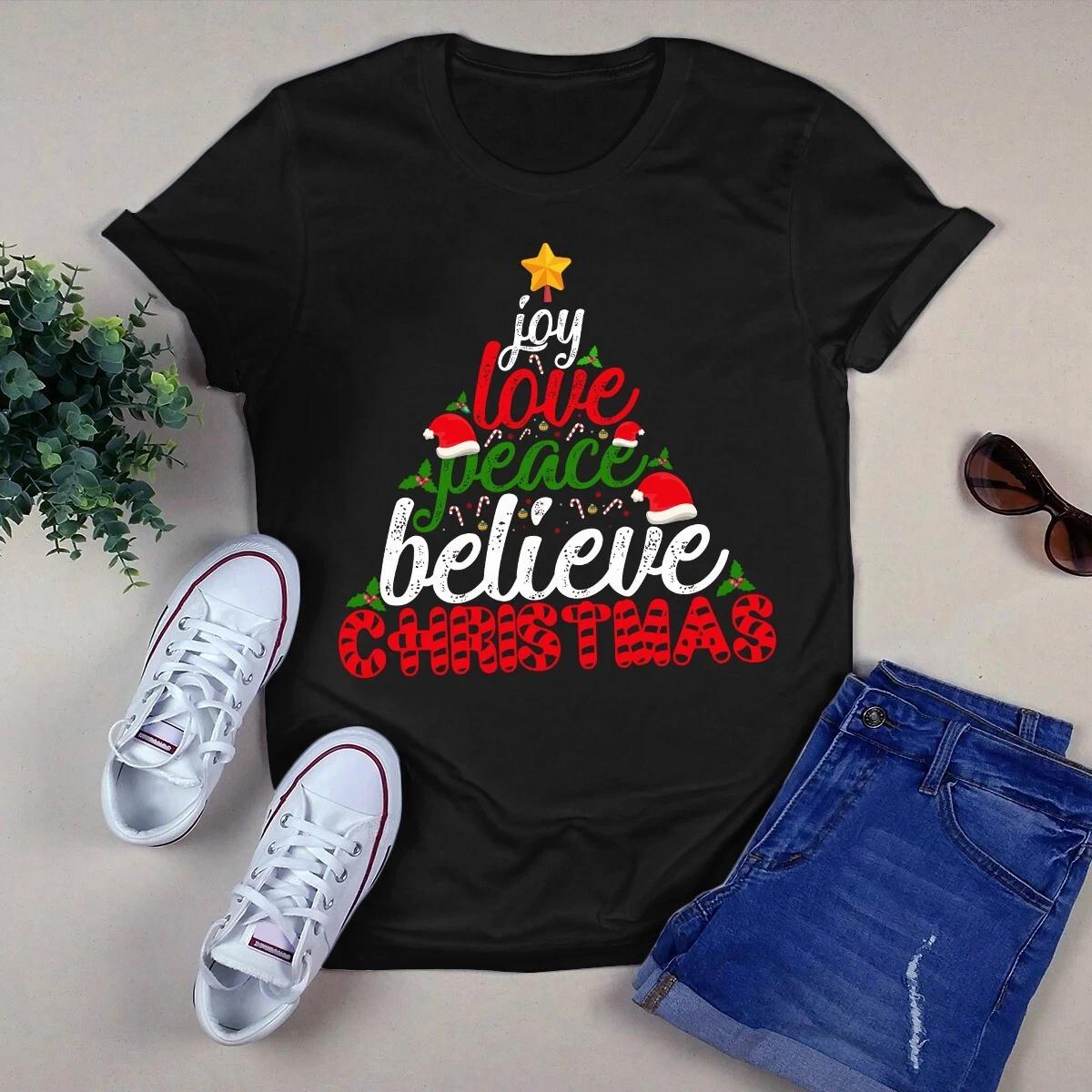 Men s and Women s T-shirts Joy Love Peace Believe Christmas Xmas Santa Hat Gift XXXL