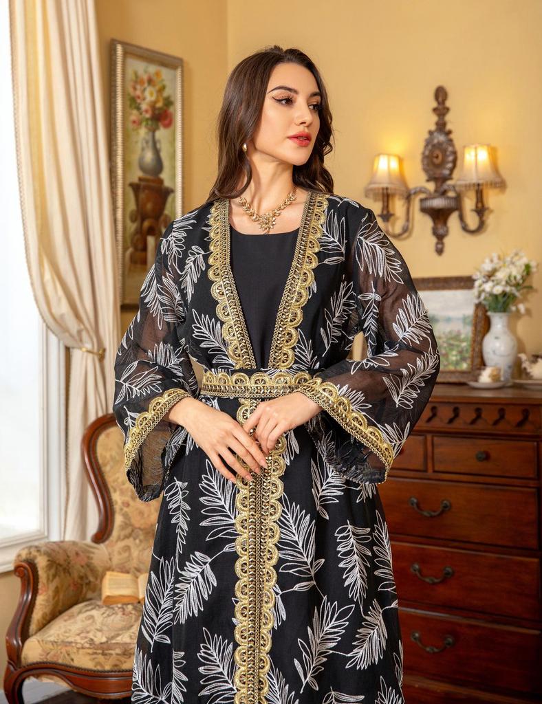 AB363 Dubai Eid al-Adha Mesh Embroidery Patchwork Muslim Two-Piece Set