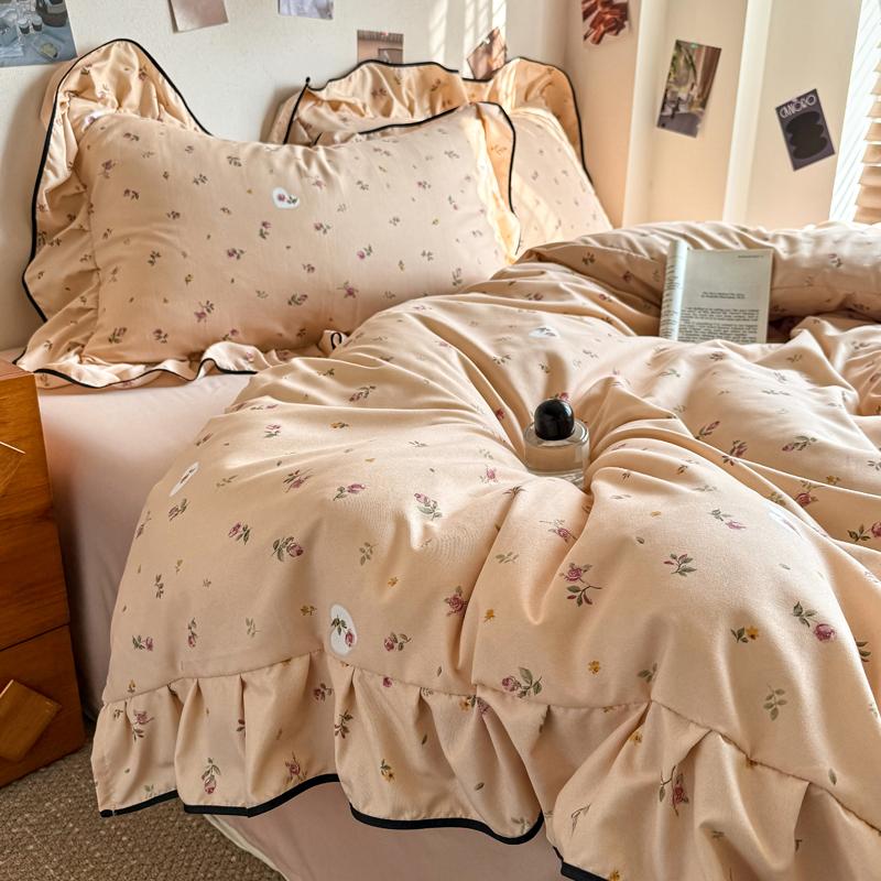 

Комплект постельного белья в корейском стиле с цветочным принтом и оборками из вязаной двойной пряжи размера дабл, кинг, квин, пододеяльник, плоская/простыня на резинке, наволочки US Queen size 4 pcs