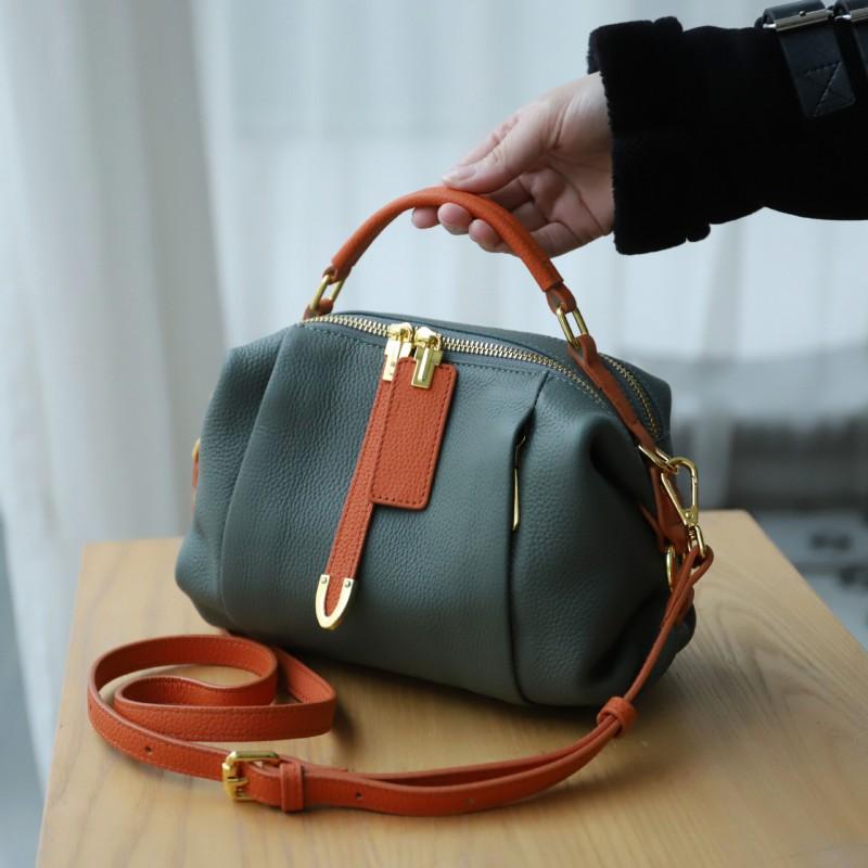 

Boston Bag Genuine Leather Women s Fashionable All-matching Small Square High-end Contrasting Color Handbag Cross-slung Tote Length 24 width 14 height 16CM