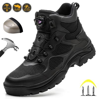 Zapatos de seguridad con punta de acero para hombre, hebilla giratoria de alta calidad, zapatos indestructibles transpirables, botas de trabajo a prueba de pinchazos