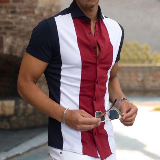 Men Shirt Handsome Stripe Print Contrast Color Turn-Down Collar Single-Breasted Summer Tops Male Clothes