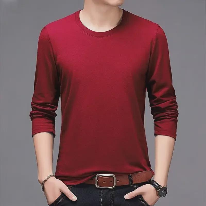 Men's White Long-Sleeve Solid Color T-Shirt, Spring/Autumn, Large Size