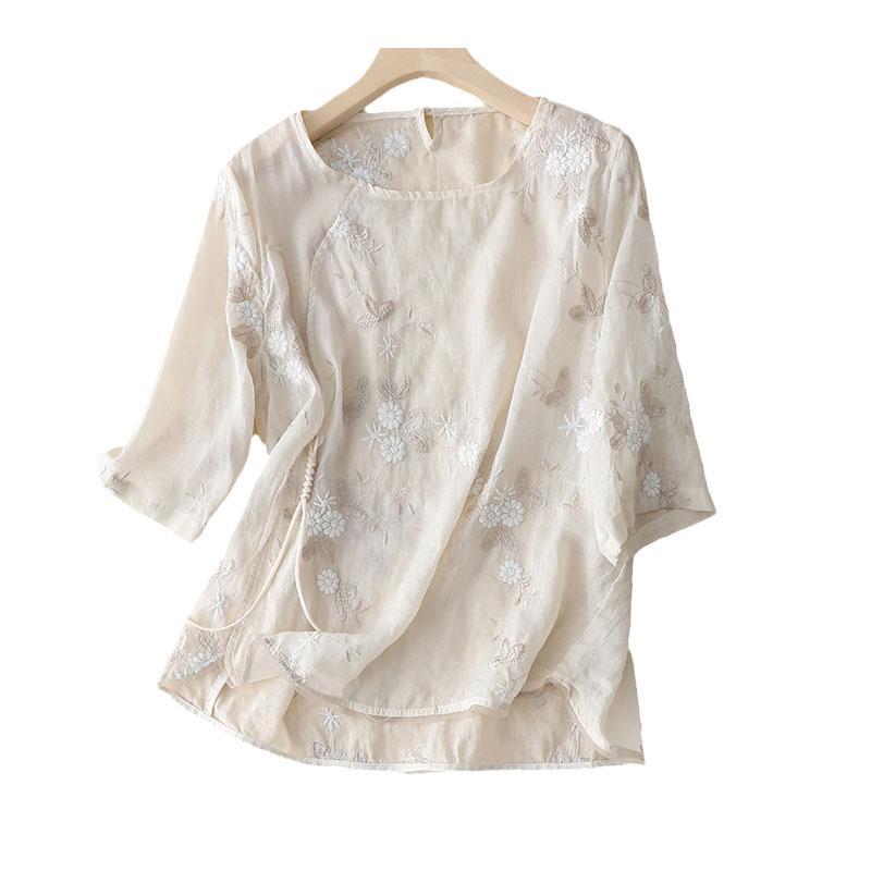 Stylová retro dámská košile s krátkým rukávem, vyšívaný volný lehký top