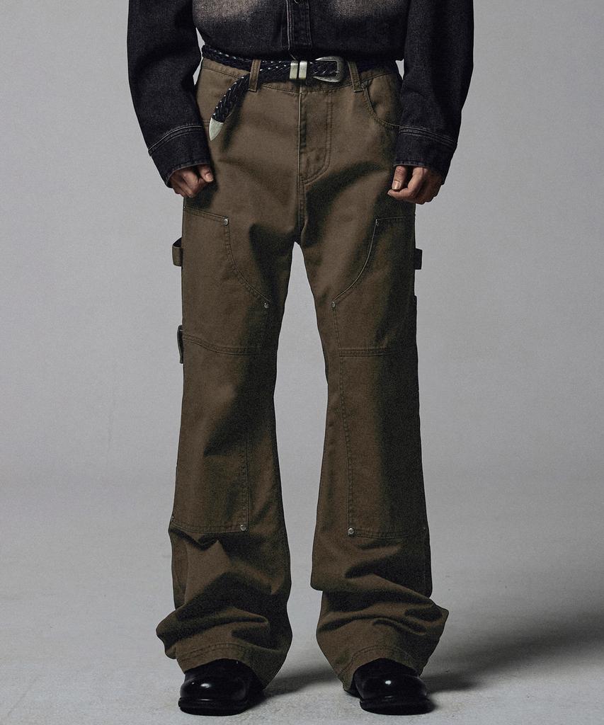 NOT4NERD Double Knee Carpenter Flare Fit Cotton Pants - Khaki