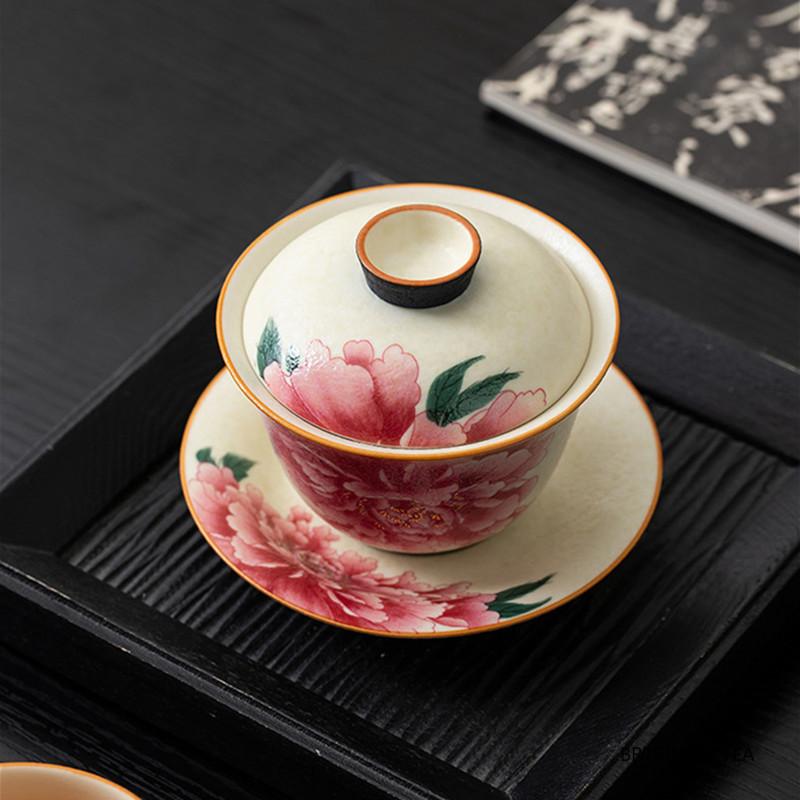 Chinese Traditional Ceramic Gaiwan Household Tea Tureen Handmade Flower Teacup Travel Portable Tea Set Teaware Accessories 110ml