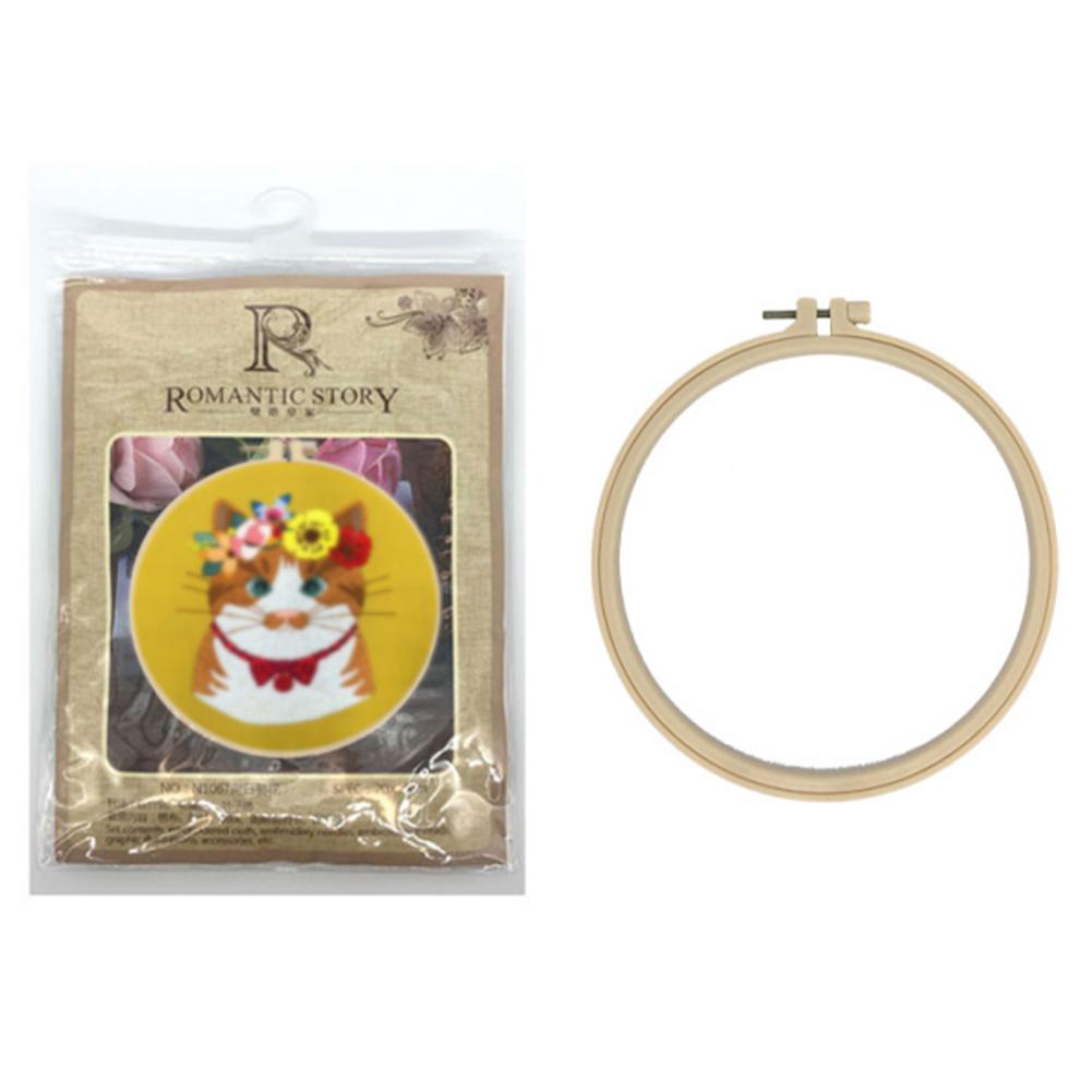 Cat Flower Stamped Cross Stitch Embroidery Kits with Hoop Cloth Color Thread