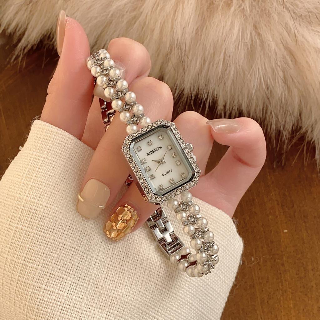 Diamond Pearl Studded Strap Women Watch Luxury Rhinestone Analog Quartz Ladies Bracelet Watches Square Dial Wristwatch Reloj